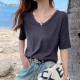 Green V-neck front shoulder short-sleeved T-shirt women's 2025 summer new loose large size slim half-sleeved base top