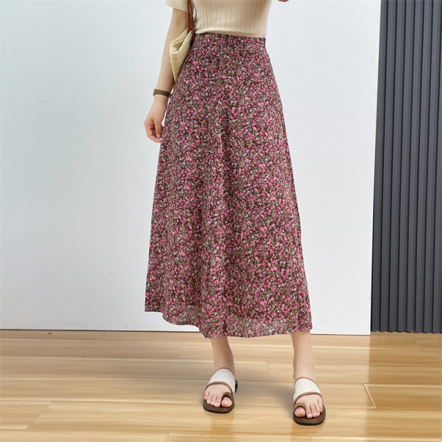 Huiyi Pavilion summer women's high waist skirt imitation silk a-line skirt Korean sweet high waist floral skirt midi skirt
