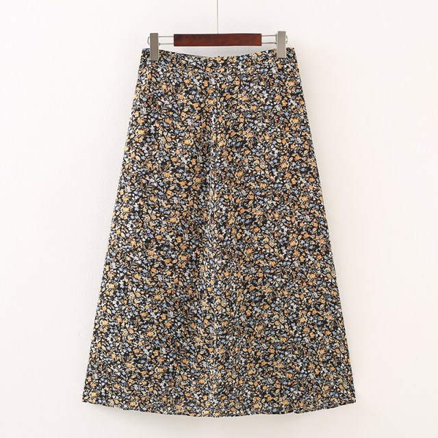 Huiyi Pavilion summer women's high waist skirt imitation silk a-line skirt Korean sweet high waist floral skirt midi skirt
