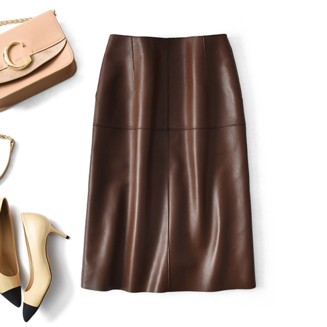Italian top layer sheepskin skirt front zipper mid-length leather skirt high waist commuter color retro A-line leather skirt