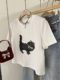 Korean retro cat printed front shoulder short-sleeved T-shirt for women in summer 2024 new loose slim short top trendy