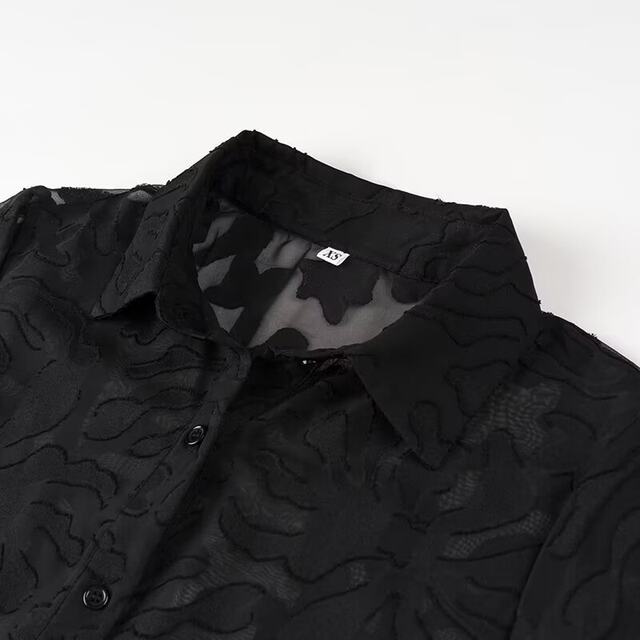 AliExpress 2025 summer cross-border European and American women's clothing black flower cut lotus leaf long sleeve shirt top for women
