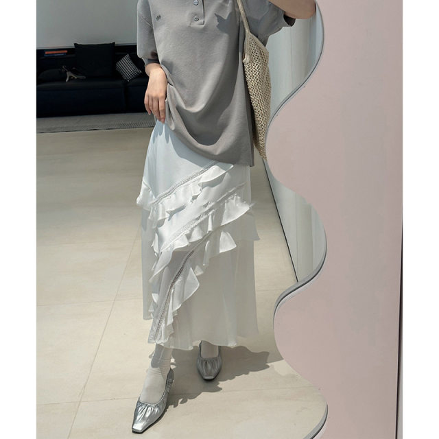 Buyer store new product 24 spring and summer lace asymmetric oblique ruffled slit skirts irregular long skirt women

