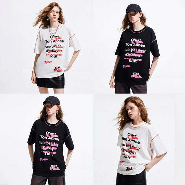 ONLY2025 summer new vibrant girly graffiti letter print loose shoulder round neck short-sleeved T-shirt for women
