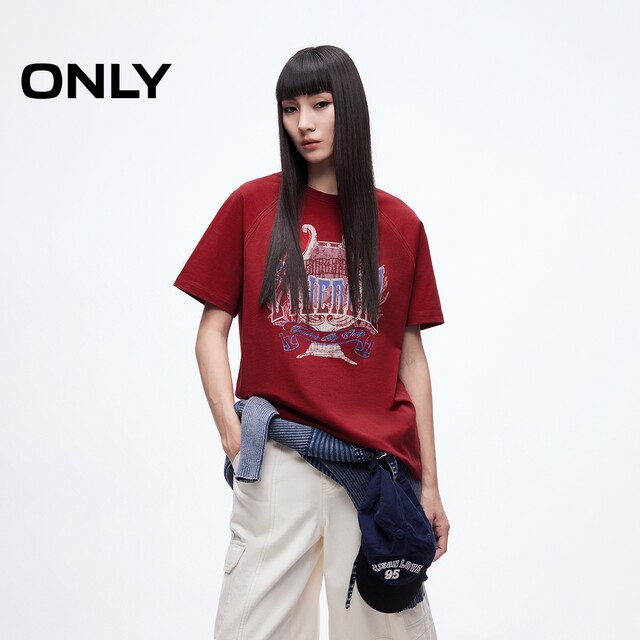 ONLY2025 summer new fashionable old printed raglan round neck loose fit pure cotton short-sleeved T-shirt for women