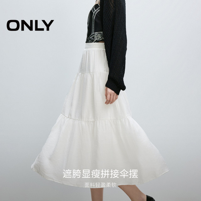 ONLY2025 summer new Laiser skin-friendly lining slim splicing umbrella high waist white skirt for women
