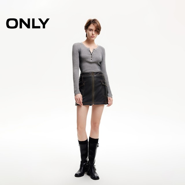 ONLY winter retro old pocket A-line slim PU short skirt skirt women 124416007
