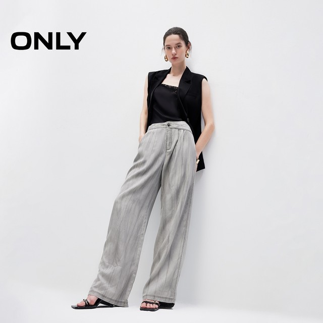 ONLY2025 summer new style thin and light lacele smudge asymmetrical waist high waist loose straight-leg casual pants for women