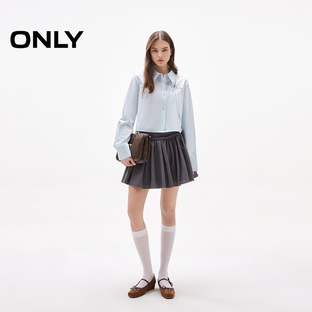 ONLY2025 summer new lace-up bow solid color straight shoulder straight slim lapel long sleeve short shirt for women