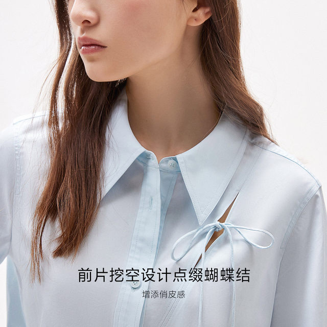 ONLY2025 summer new lace-up bow solid color straight shoulder straight slim lapel long sleeve short shirt for women