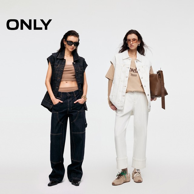 ONLY2025 autumn new contrasting color bright line design single-breasted loose lapel straight denim vest for women