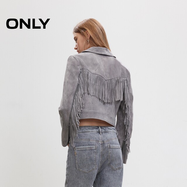 
ONLY2025 summer new wave motorcycle style design straight tassel short large lapel long sleeve leather jacket for women