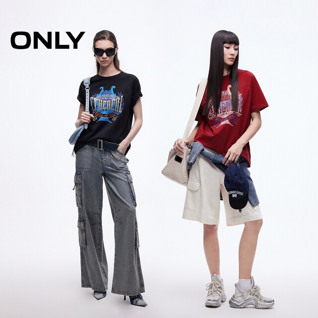 ONLY2025 summer new fashionable old printed raglan round neck loose fit pure cotton short-sleeved T-shirt for women