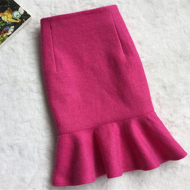 2024 autumn and winter Korean version of wool woolen woolen ruffled high -waisted hip -hip A -line fishtail skirt zipper solid color skirt
