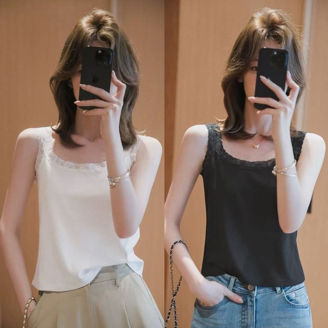Spring and summer versatile lace suspender vest for women loose large size outside and inner bottoming shirt sleeveless threaded vest trendy