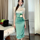 Stunningly beautiful small fresh lace dress spliced ​​fake two-piece high-end temperament half-high collar slim hip skirt summer