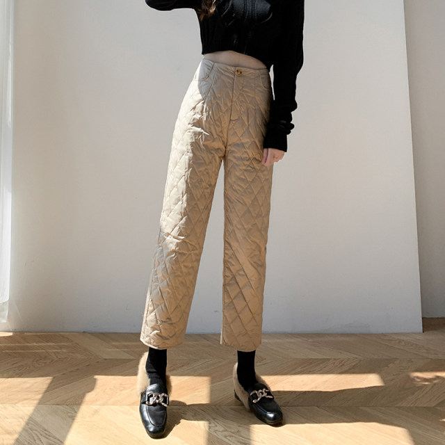 Khaki down pants for women wearing fashionable winter high waist loose slim and thickened nine-point casual wide-leg straight pants