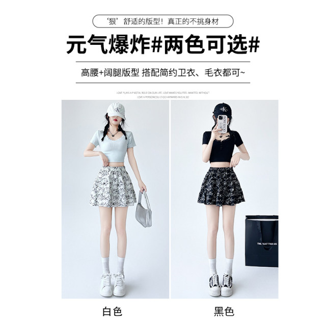 2025 spring and summer white chiffon floral short skirt fashionable and versatile Korean slim A-line short skirt large size cake skirt