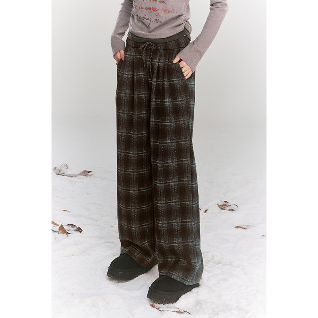 Fairy's Pocket Retro Plaid Straight Velvet Pants Women's 2024 Winter New Loose Drawstring Wide Leg Pants