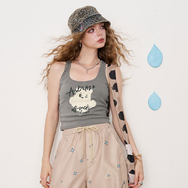 Fairy Pocket Cute Bear Printed Vest Sling Women's 2025 Summer New Slim Slim Sleeveless Top