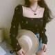 Large size women's fat mm spring and summer French retro black square collar fruit printed shirt top short chiffon shirt
