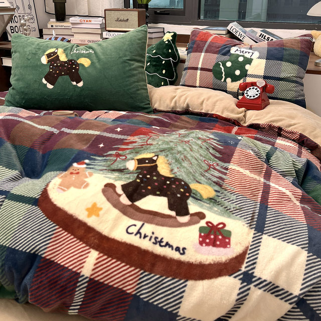 Moonlight Bus Christmas Pony Autumn and Winter Milk Velvet Bed Three or Four Piece Set Thickened Warm Coral Velvet Sheets and Fitted Sheets