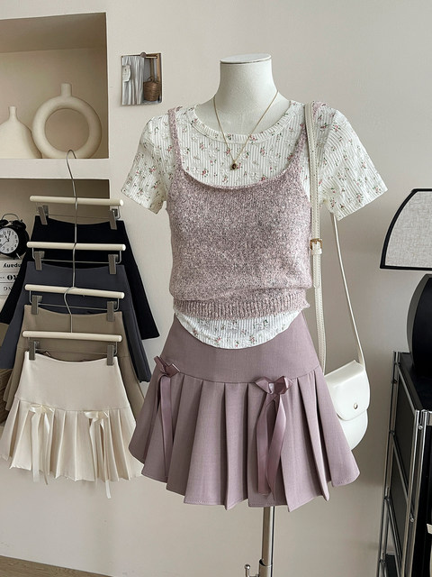 American retro sweet bow pleated suit short skirt Female spring and summer college
