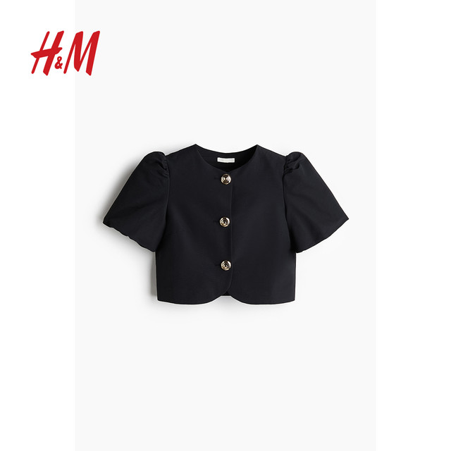 HM Women's Shirt 2025 Summer New Round Neck Short Sleeve Casual Bubble Short Sleeve Button Top 1281155