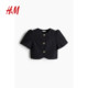 HM Women's Shirt 2025 Summer New Round Neck Short Sleeve Casual Bubble Short Sleeve Button Top 1281155