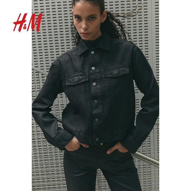 HM women's short jacket summer casual temperament necked denim long-sleeved short single-breasted cardigan 1257607