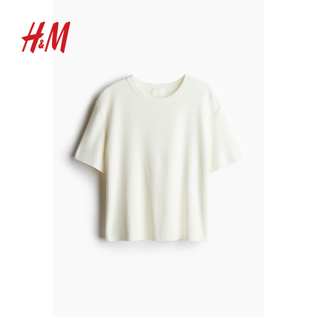 HM women's T-shirt 2025 summer new fine knitted comfortable round neck simple temperament short-sleeved top 1260796
