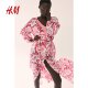 
HM women's dress summer V-neck waist lace-up crepe woven lantern French plant printed long skirt 1226566