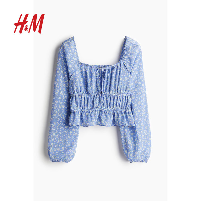 HM Women's Shirt 2025 Summer New Fashion Wrinkle Square Collar Printed Long Sleeve Shirt Top 1274081