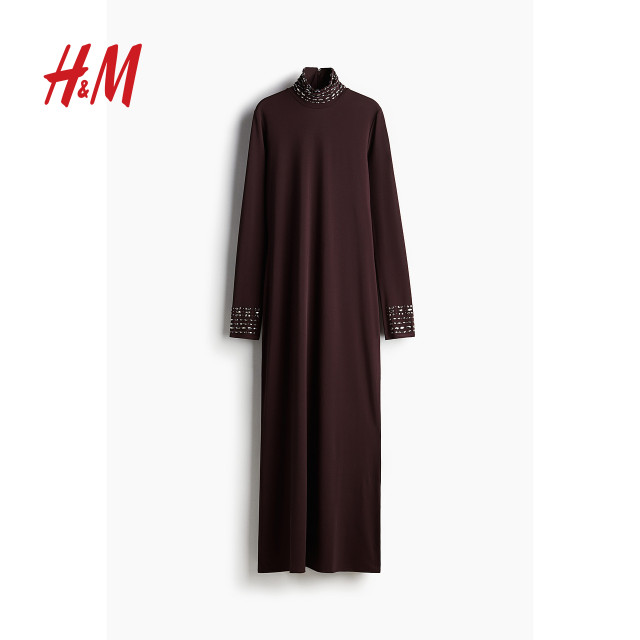 
HM women's red dress summer temperament high-end New Year's greetings clothes nailed turtleneck dress 1258148