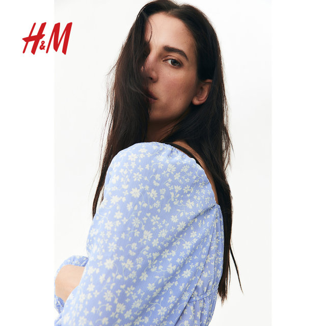 HM Women's Shirt 2025 Summer New Fashion Wrinkle Square Collar Printed Long Sleeve Shirt Top 1274081