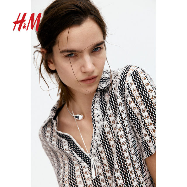 HM Women's T-shirt 2025 Summer New Hollow Pattern Collar Top 1281907