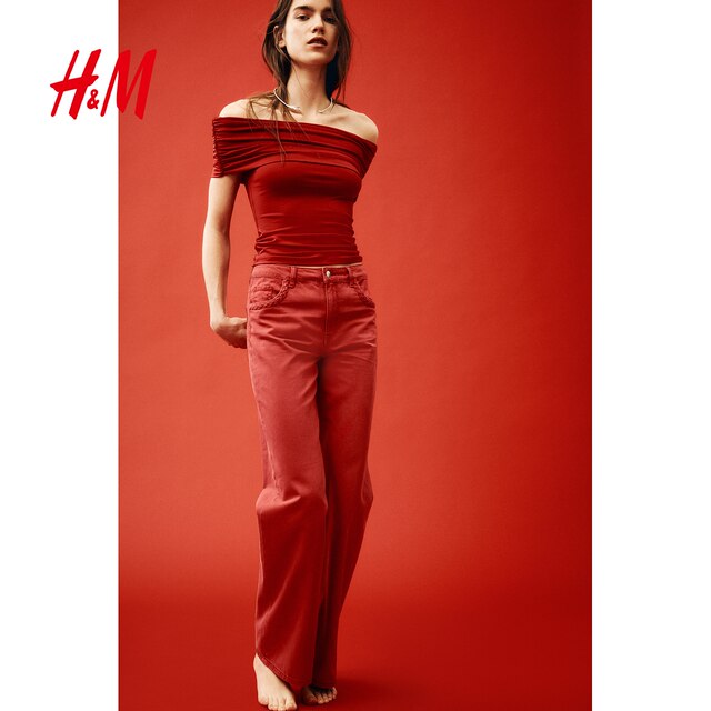 HM Women's T-shirt 2025 Summer New Off-Shoulder Top Underwear Base Shirt Slim One-Shoulder Short Sleeve 1259459
