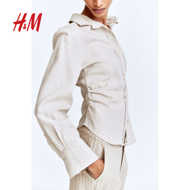 HM Women's Shirt 25 Summer New Style Broken Pleated Slack and Line Blended Shirt Commuter Long Sleeve Shirt 1271519
