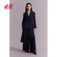 HM women's suit summer shoulder padded pleated long sleeve single-breasted striped casual jacket 1211493
