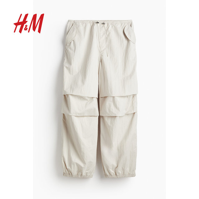HM women's casual pants in summer mid-waist soft commuting loose drawstring simple parachute trousers 1214225