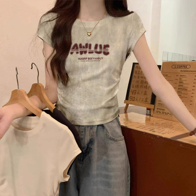 American style front shoulder tie-dyed chic short-sleeved T-shirt for women 2025 summer new design waist-hugging slim short top
