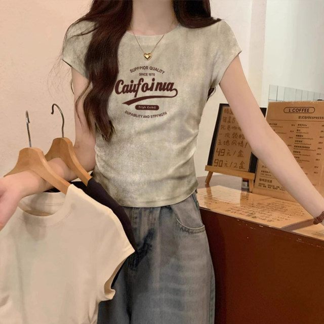 American style front shoulder tie-dyed chic short-sleeved T-shirt for women 2025 summer new design waist-hugging slim short top
