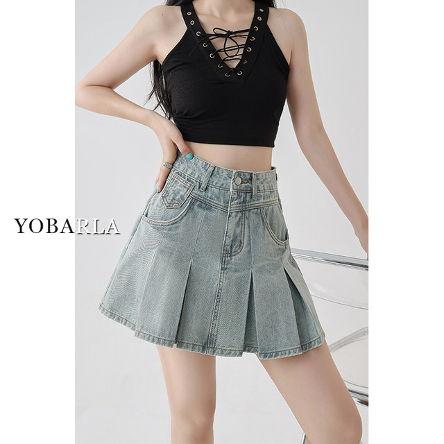 Light color high waist pleated denim skirt for women in summer new fat mm large size slim pear-shaped body A-line skirt