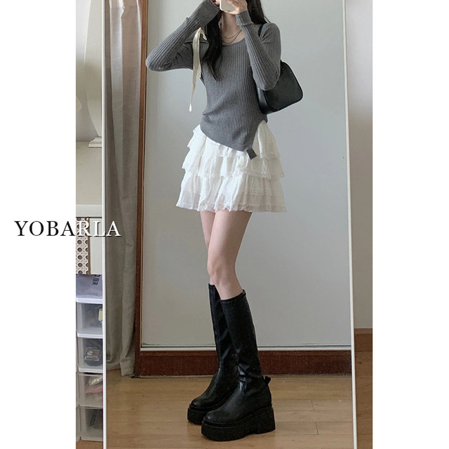 White lace puff cake short skirt Female summer new large size fat mm high waist high waist thin small A -line skirt