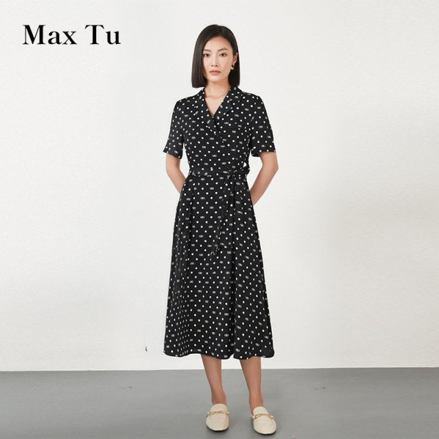 Max Tu women's clothing 2025 summer new loose large size waist-hugging slim print V-neck chiffon short-sleeved dress