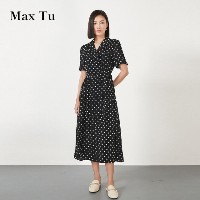 Max Tu women's clothing 2025 summer new loose large size waist-hugging slim print V-neck chiffon short-sleeved dress