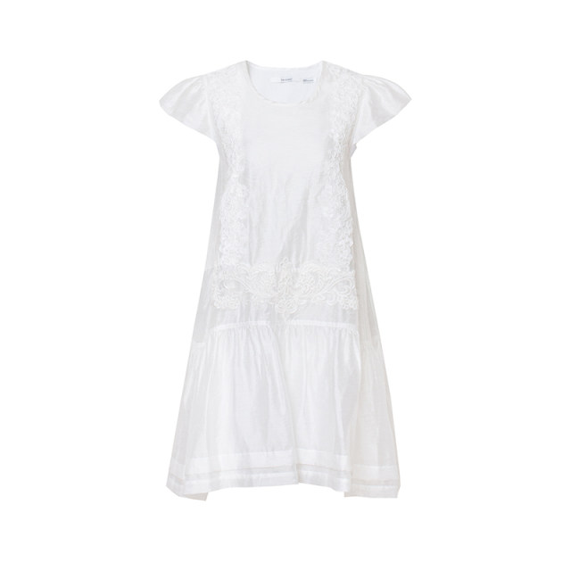 TOP French romantic retro girl heavy industry embroidered lace round neck loose tint linen dress
