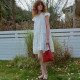 TOP French romantic retro girl heavy industry embroidered lace round neck loose tint linen dress
