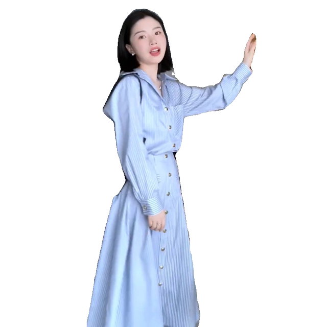2025 new women's skirt French long-sleeved Polo collar blue casual striped waist-hugging shirt dress 6742