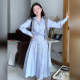 2025 new women's skirt French long-sleeved Polo collar blue casual striped waist-hugging shirt dress 6742
